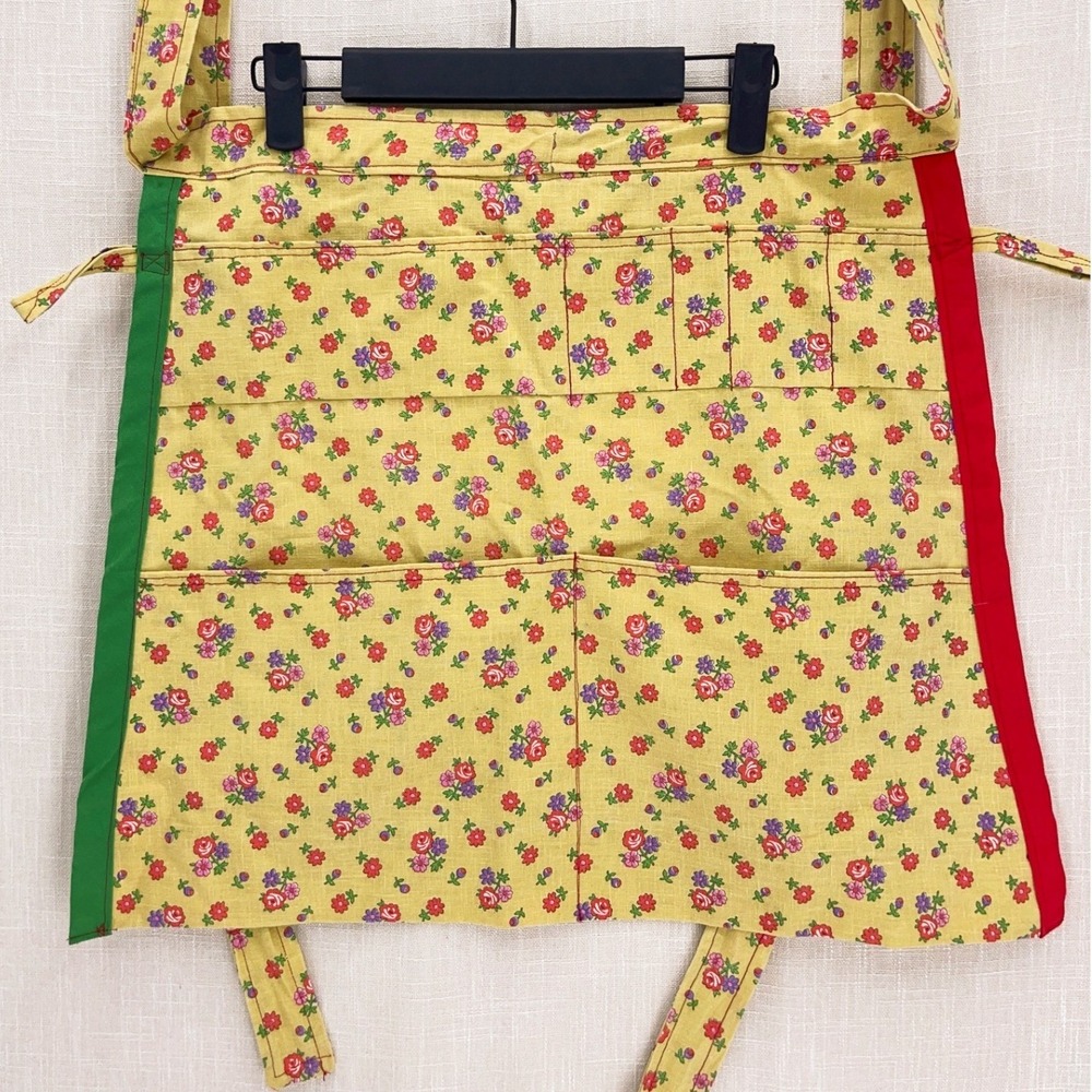 Handmade Yellow Floral Calico Half Apron OS Multi Pocket Craft Garden Utility
